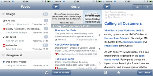 Screenshots of the NetNeswire home, folder and item screens